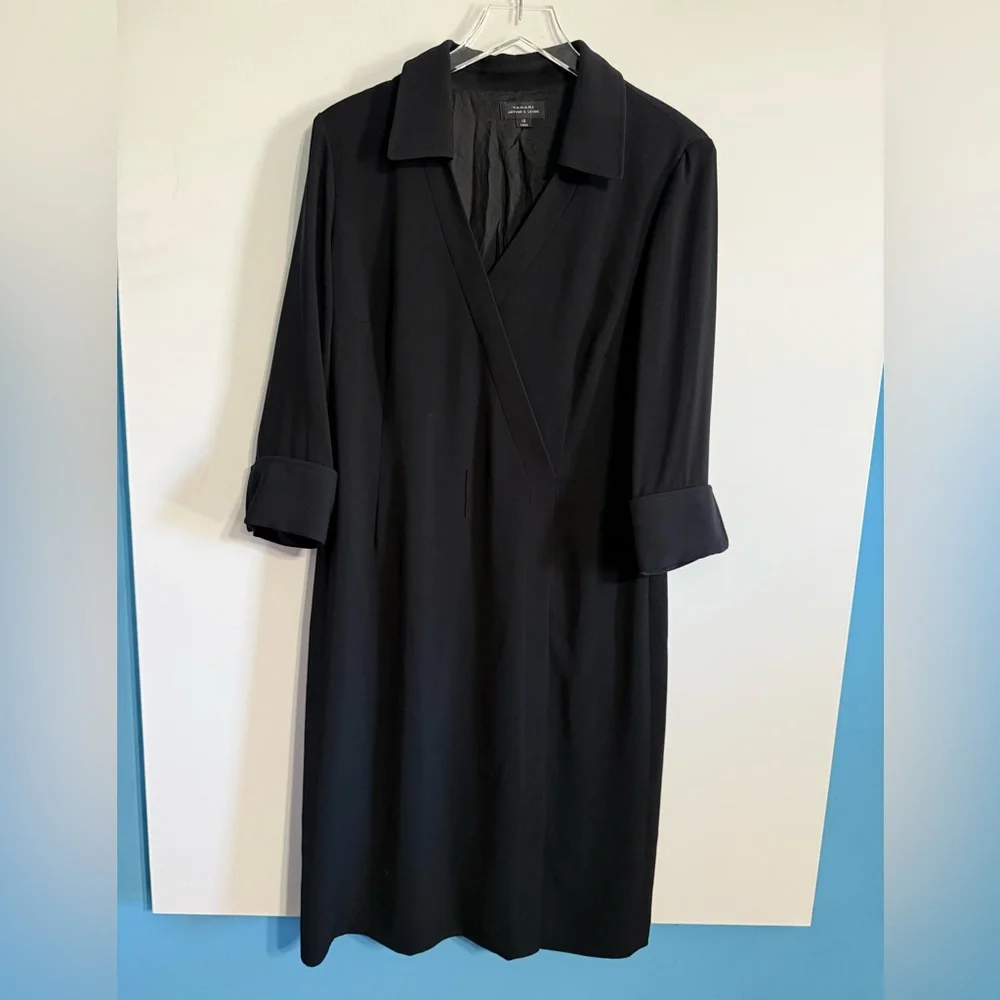 Tahari Arthur S. Levine Black Faux Wrap Coat Dress 12 Sheath, Cuffed Sleeves - Picture 2 of 13